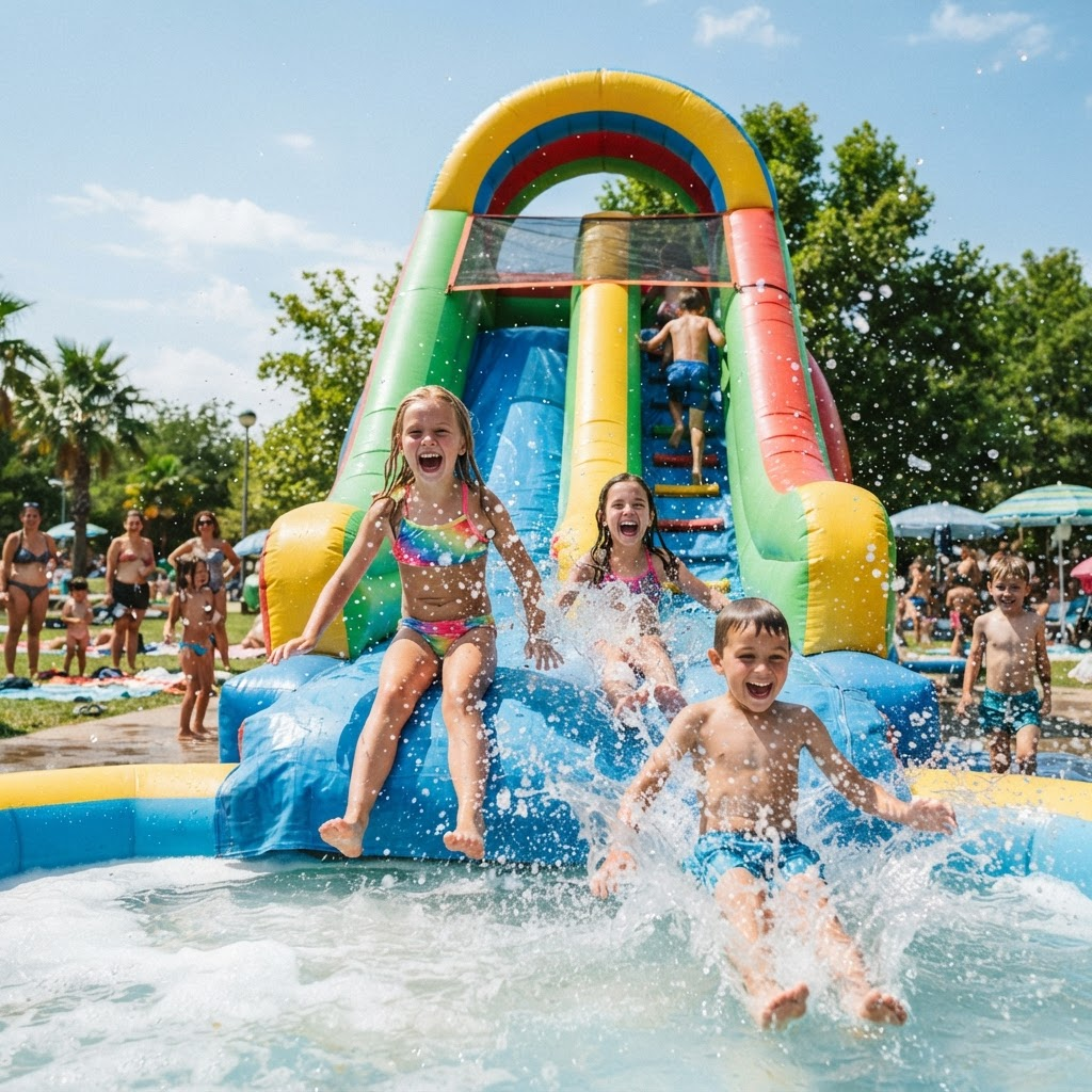 Children splashing down a colorful inflatable water slide on a sunny day