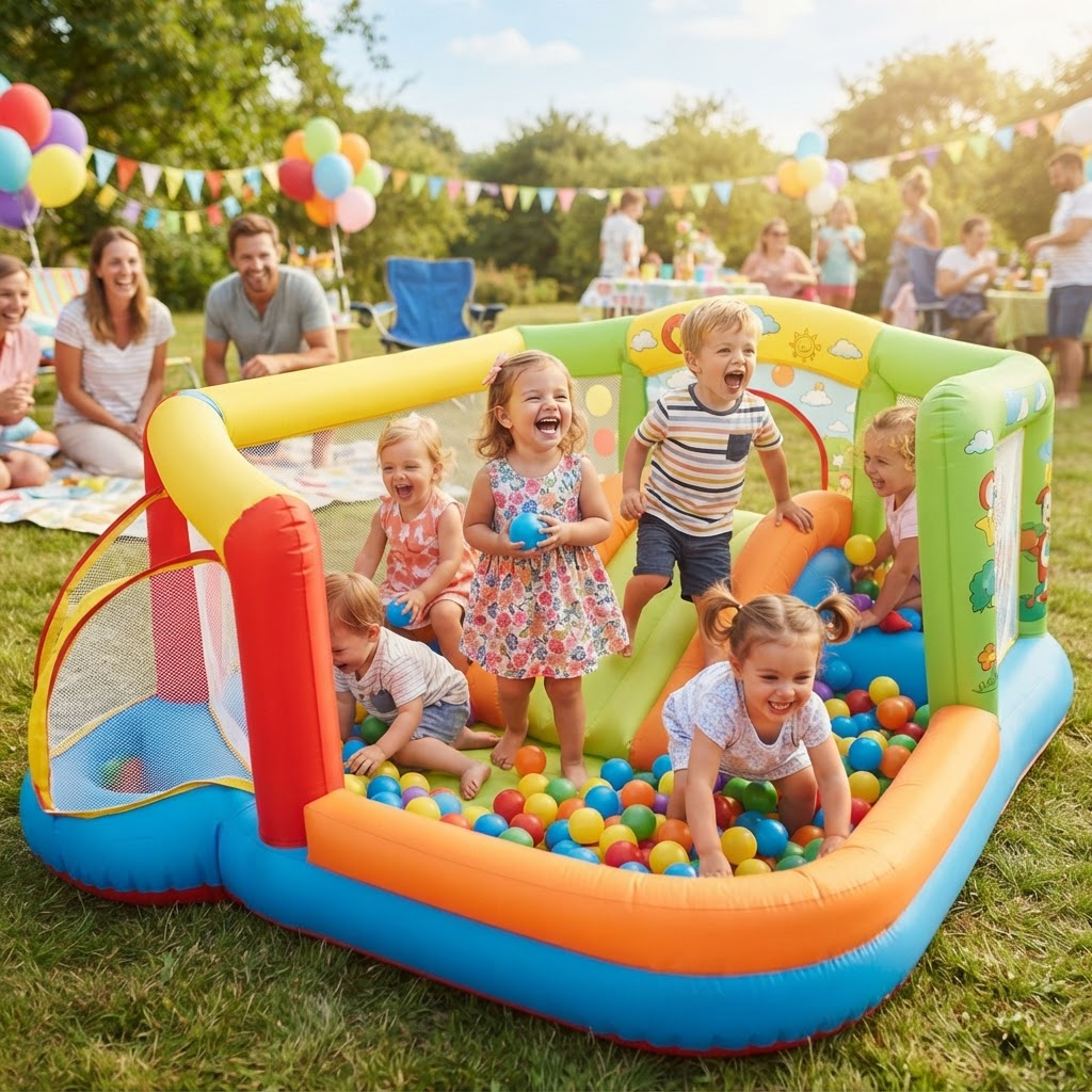 Toddlers playing in a soft, low-wall inflatable play zone