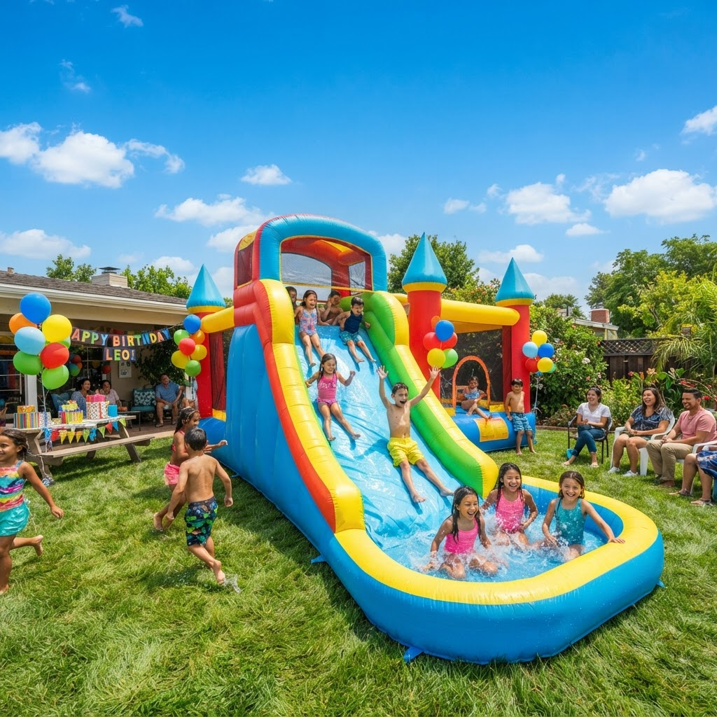 A full backyard setup with a bounce house and water slide side by side